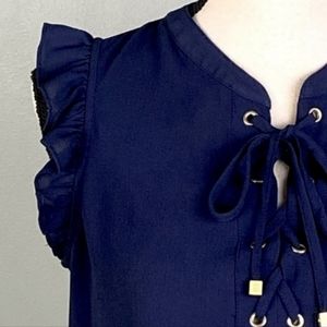 MICHAEL KORS Sleeveless Navy Blue Tank Blouse Flutter Sleeve Lace Up Collar Gold